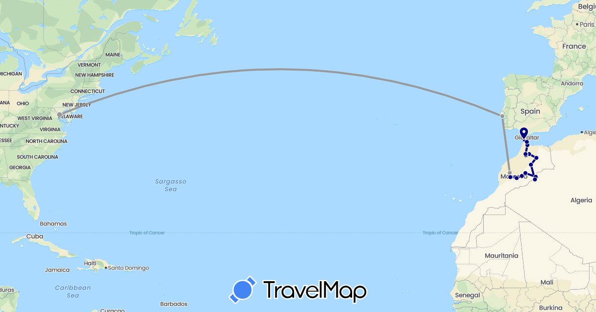 TravelMap itinerary: driving, plane in Morocco, Portugal, United States (Africa, Europe, North America)